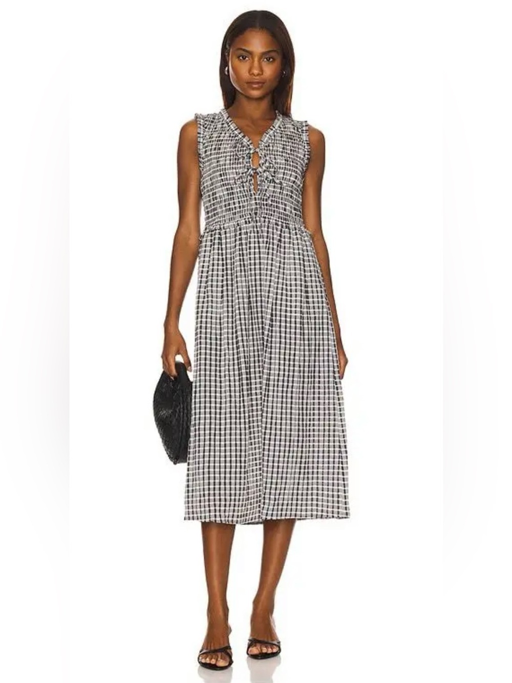 RAILS Adine Smocked Bodice Front Tie Midi Dress Ash Seersucker Gingham Sz Small